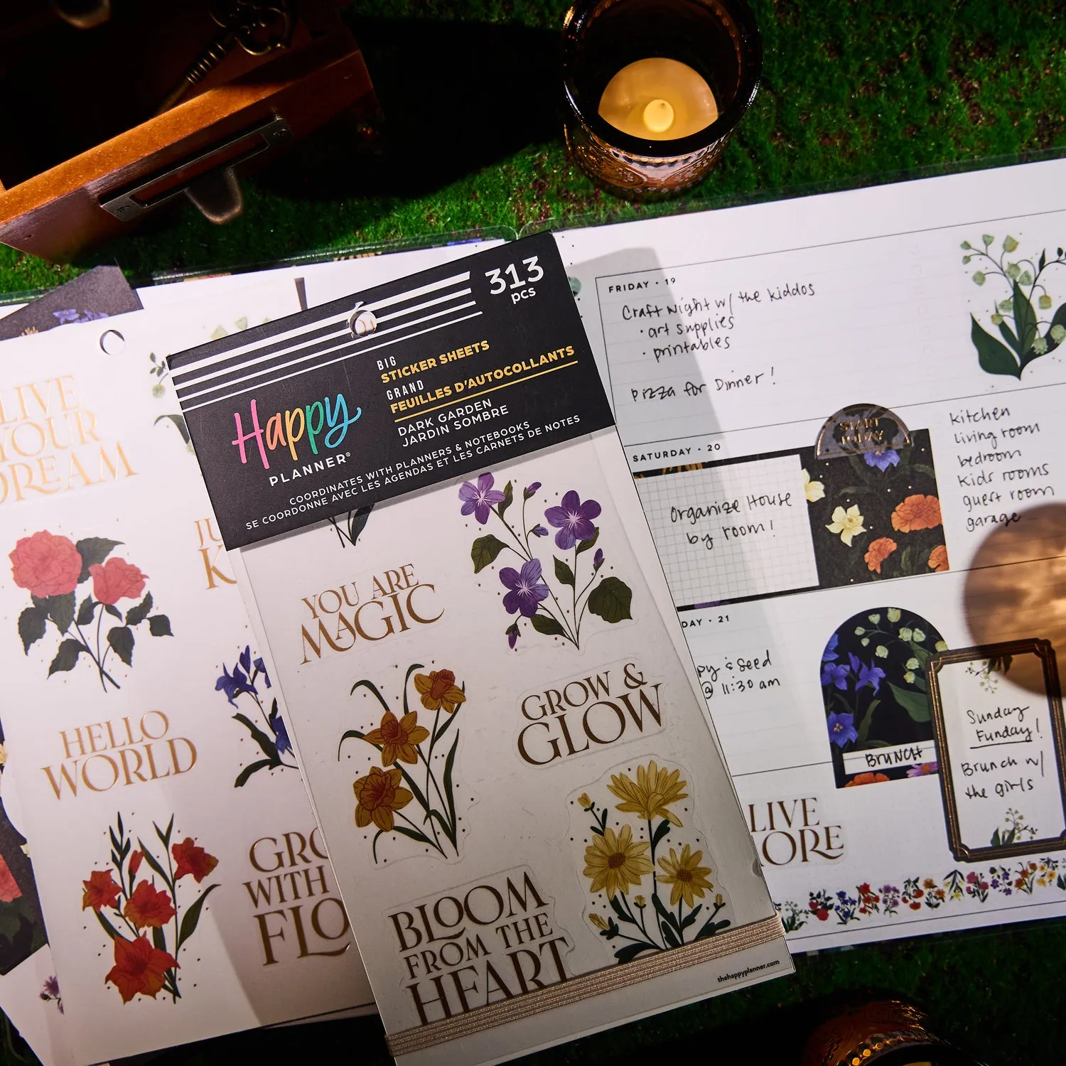 Happy Planner Dark Garden stickers Big floral 313 doré
