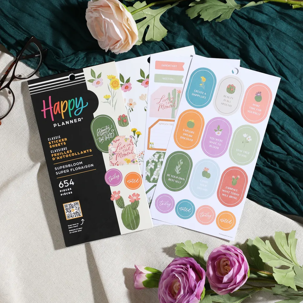 Happy Planner Superbloom stickers agenda 654 pcs fleurs doré