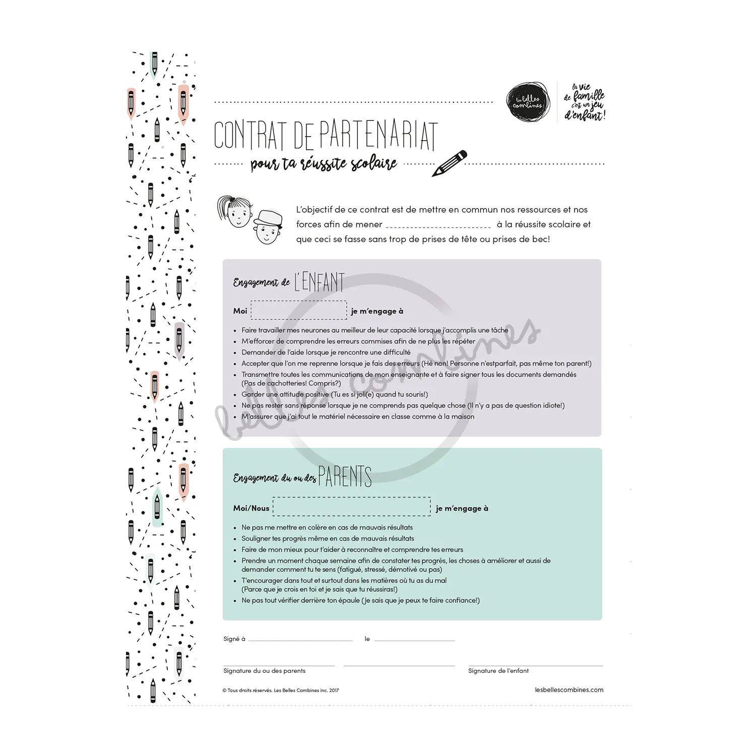 Les Belles Combines Contrat scolaire partenariat fiche française