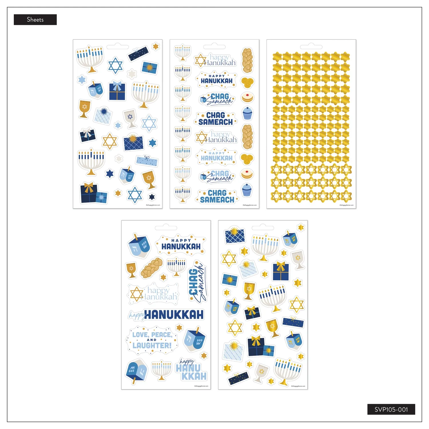 Happy Planner Hanukkah stickers agenda 5 planches bleu or