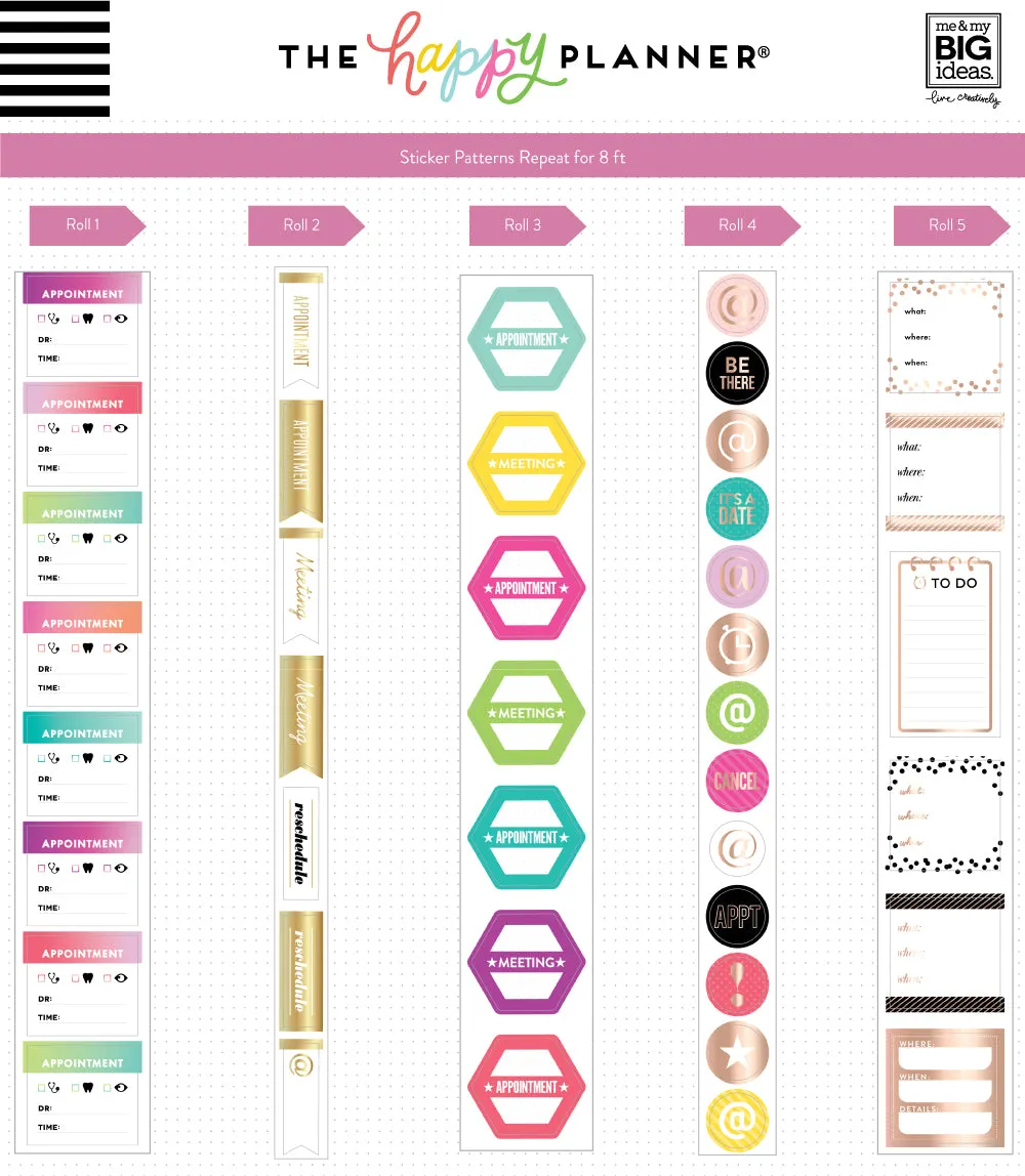 Happy Planner Appointments rouleau stickers rendez-vous 5 motifs
