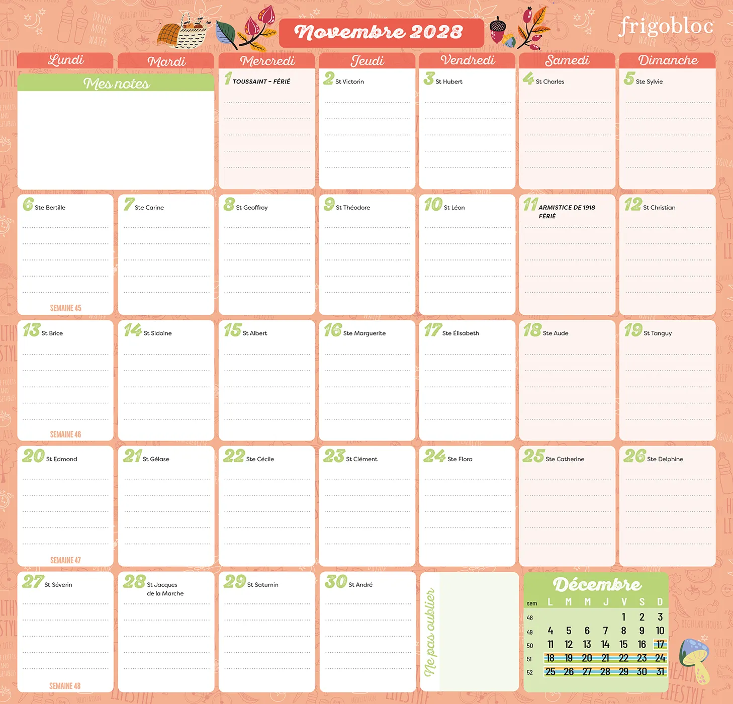 Frigobloc Planning mensuel 2 ans calendrier janv 2027-déc 2028