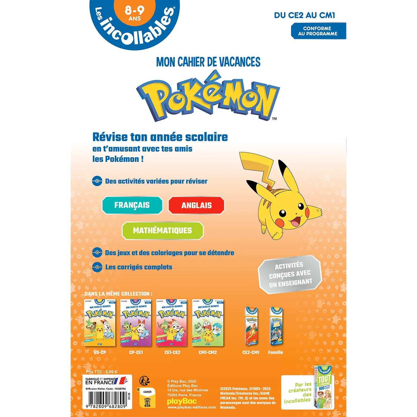 Les Incollables Pokémon cahier de vacances 2026 CE2-CM1 8-9 ans