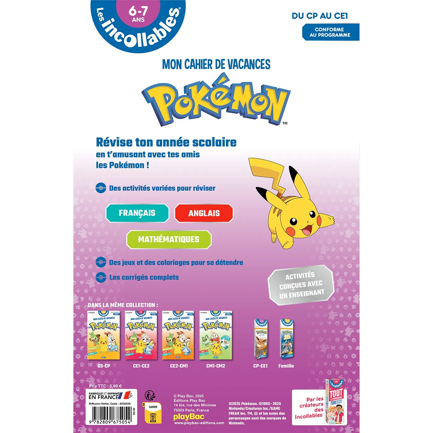 Les Incollables Pokémon cahier de vacances CP au CE1 6-7 ans