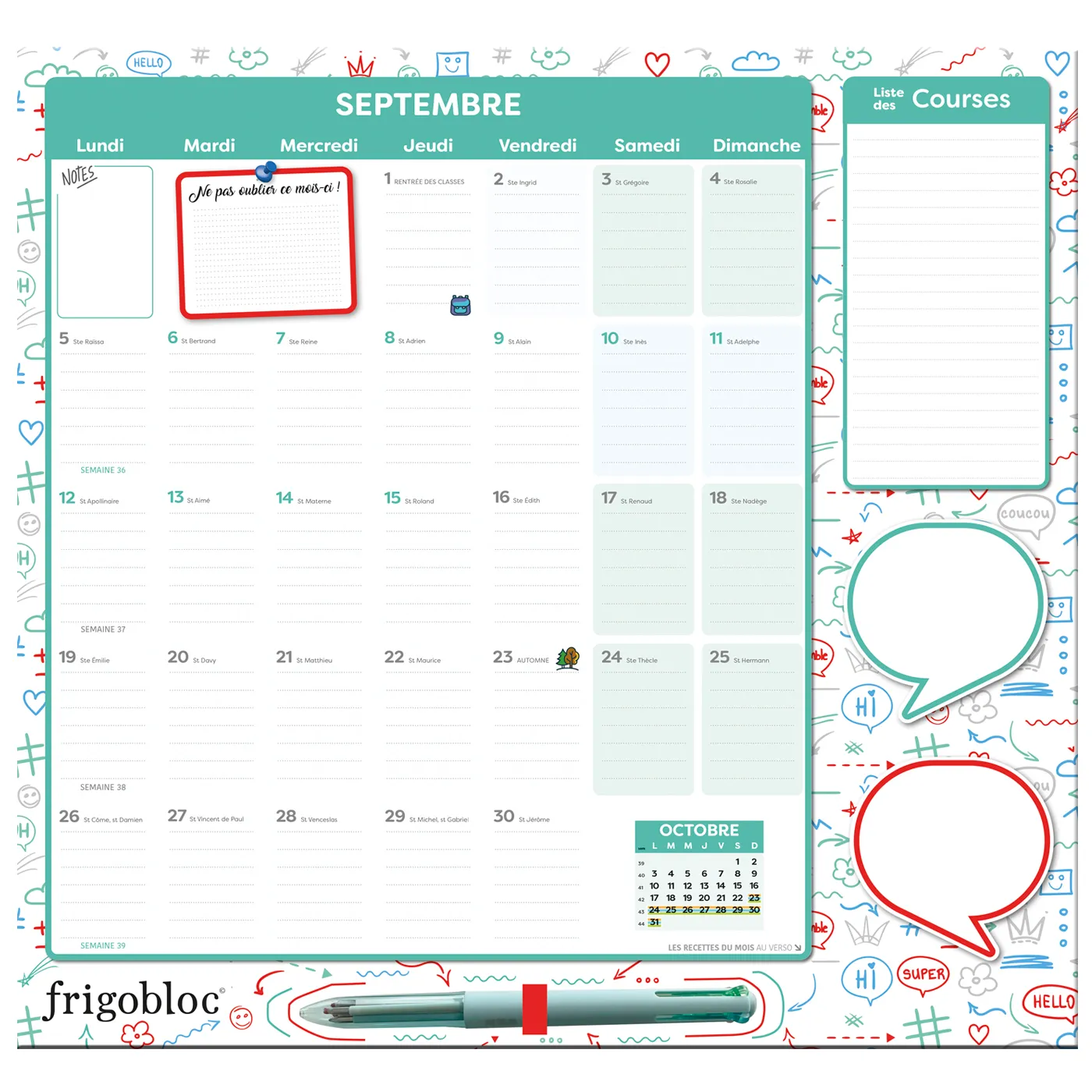 Frigobloc Mensuel 2024 calendrier familial magnétique stylo