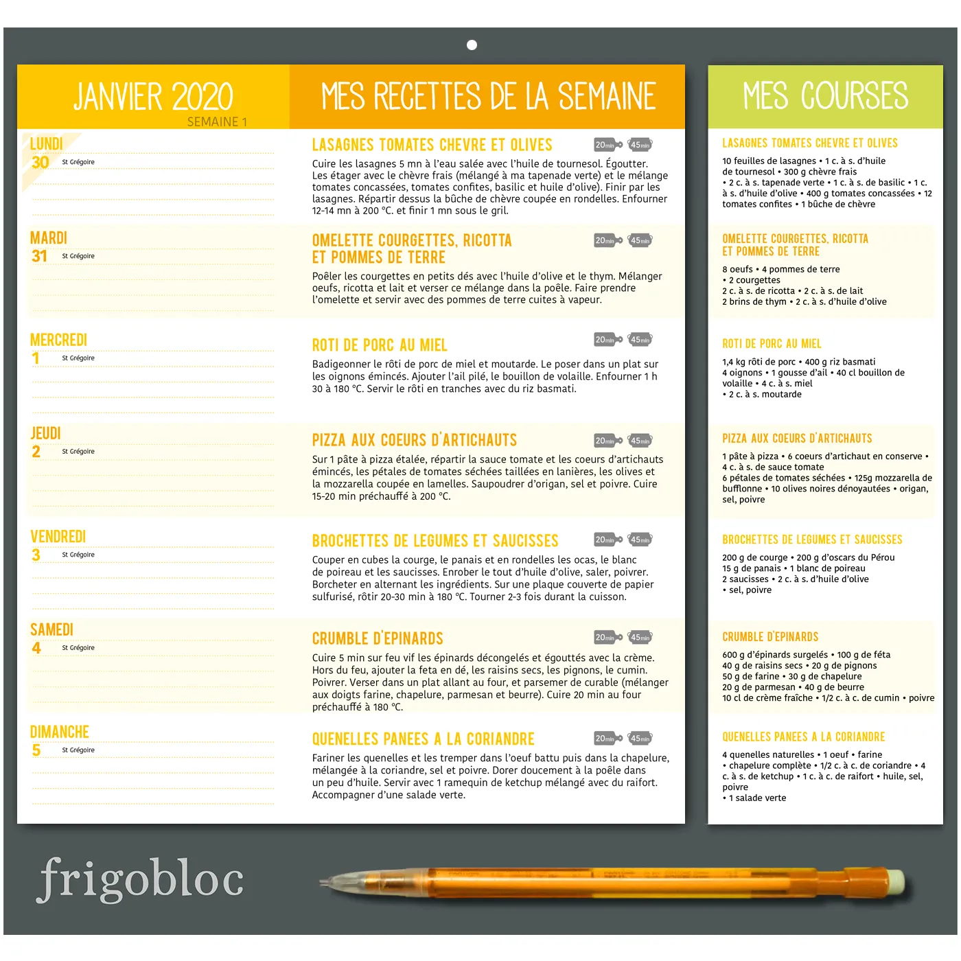 Frigobloc 2020 Qu'est-ce qu'on mange ce soir calendrier recettes Marmiton