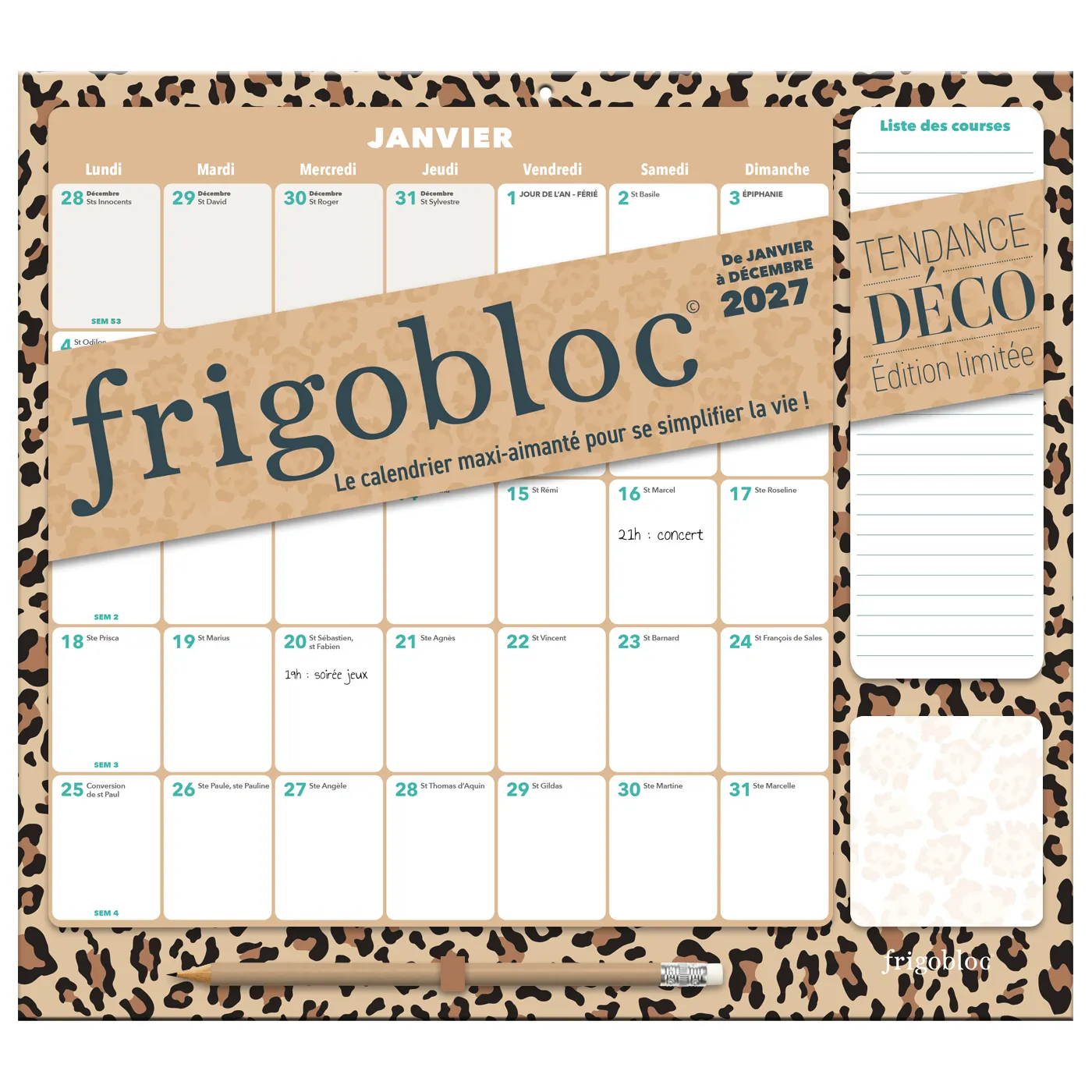 Frigobloc Mensuel Léopard 2027 calendrier familial + sac