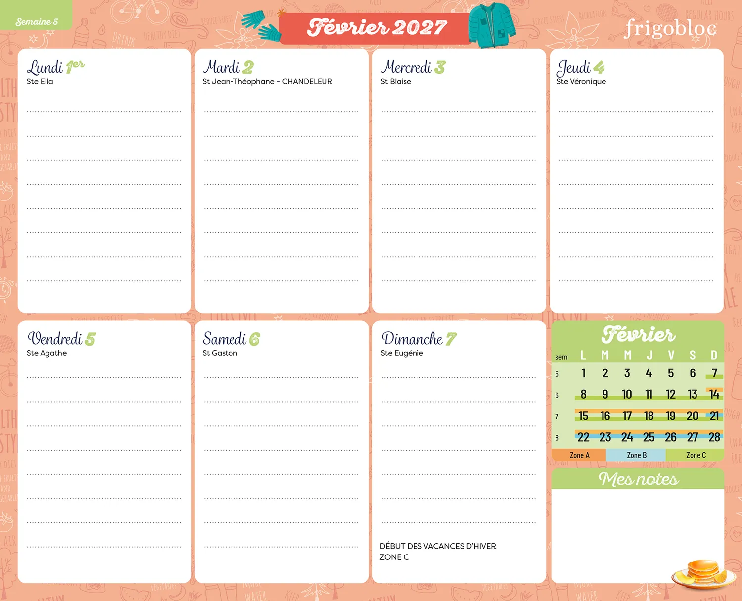 Frigobloc Planning hebdomadaire calendrier familial 2027 aimanté