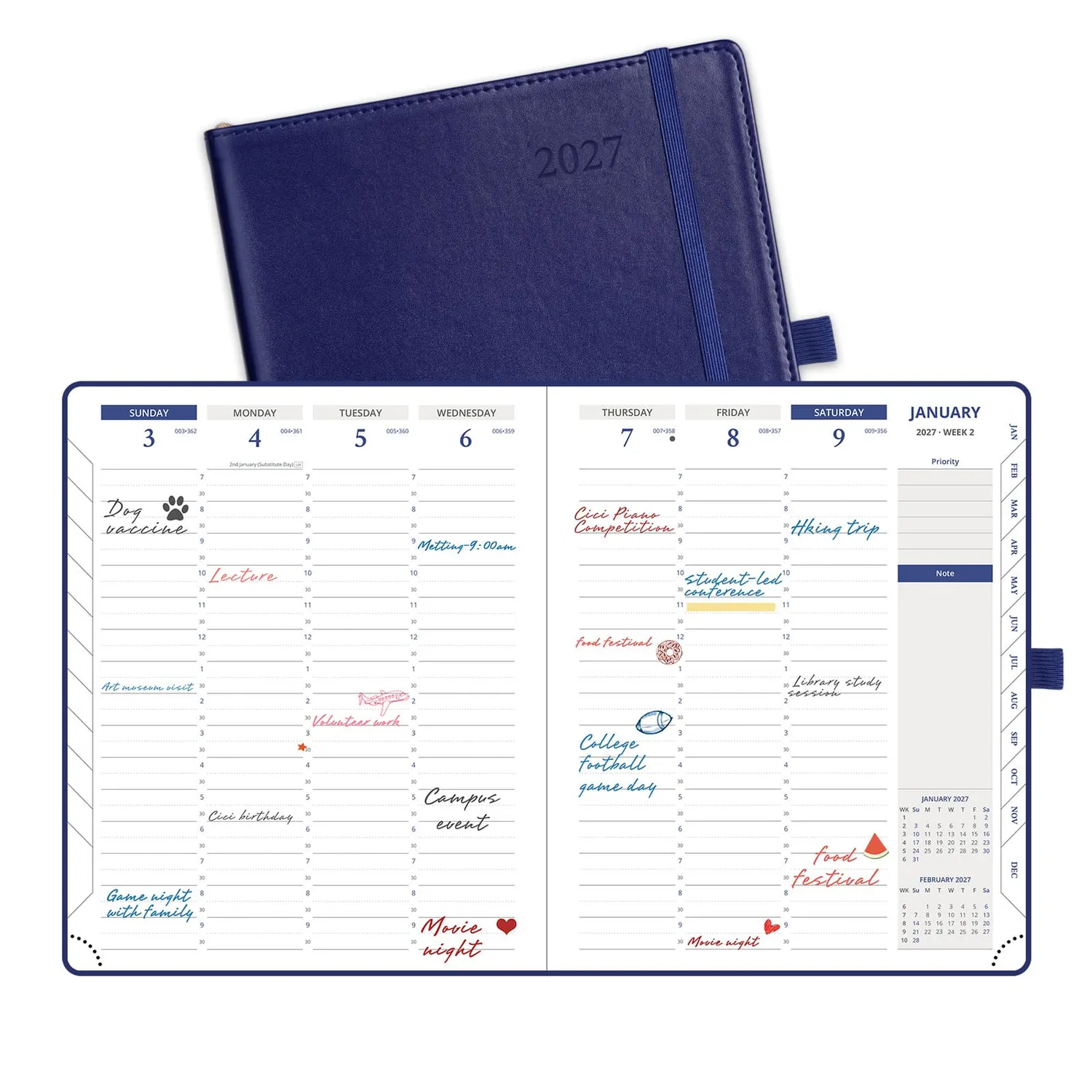 Poprun CELV7-27 agenda semainier 2027 souple bleu marine