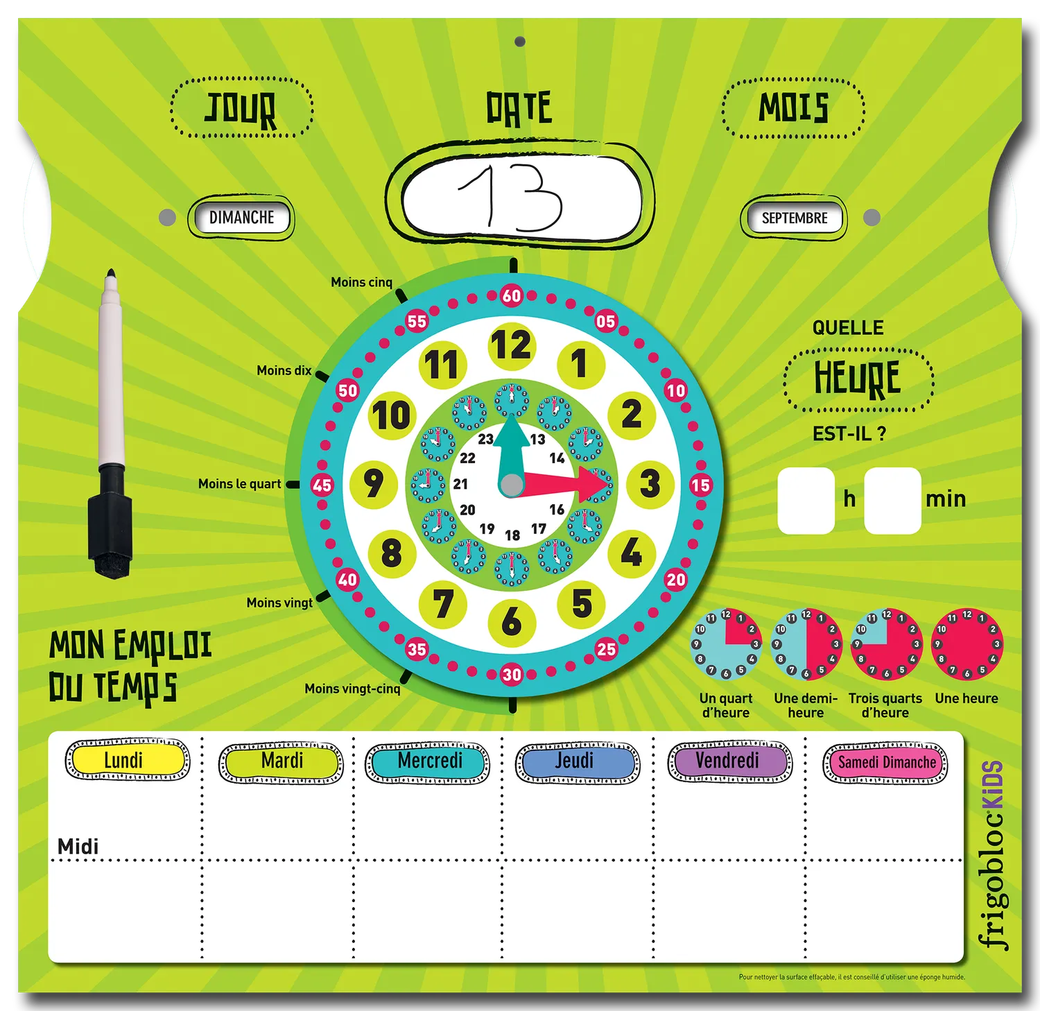 Frigobloc Mon calendrier horloge tableau lire l'heure enfant